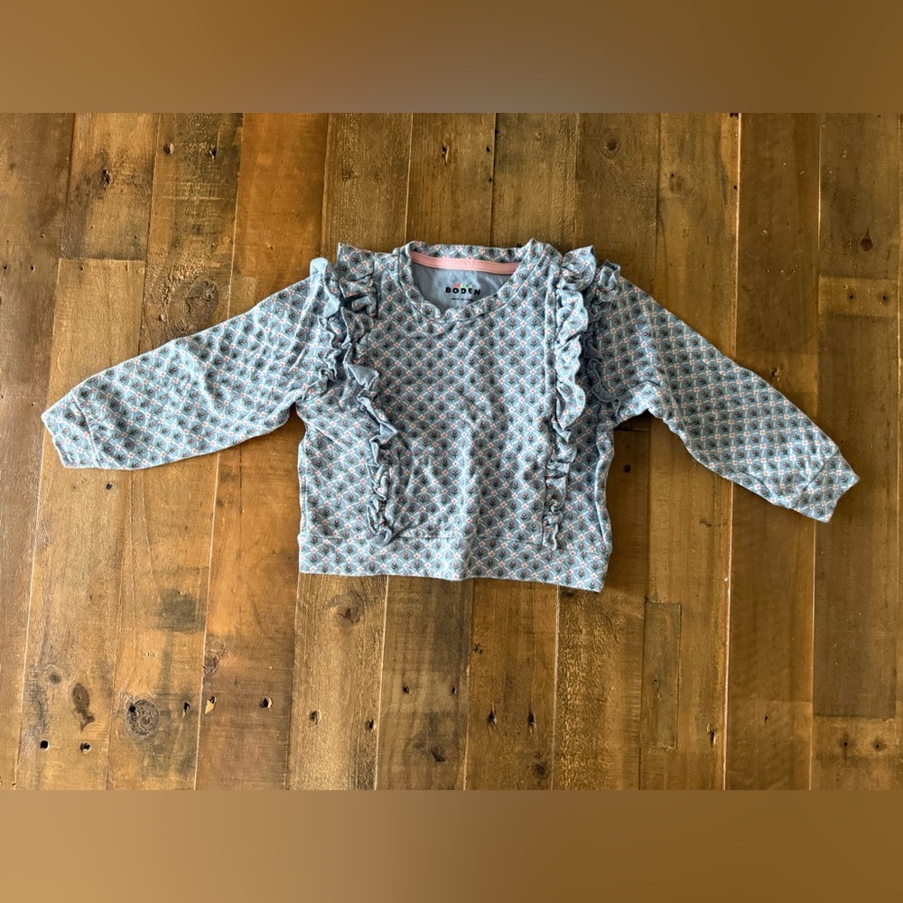 MINI BODEN Frill Printed Sweatshirt, Pebble Blue Flower, 3-4y